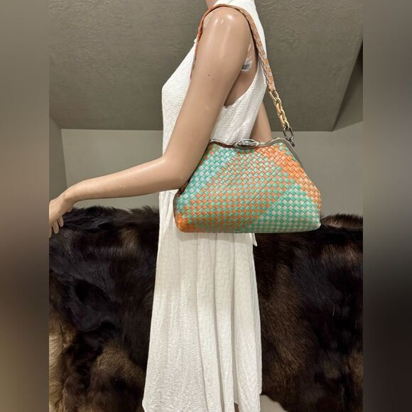 Colorblock Woven Cowhide Handmade Custom Metal Frame Handbag, Multi Use Style - Picture 2 of 16